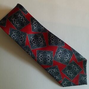3/$45 Tie MERCEDES SILK HAND MADE HIGH FASHION Gray Squares On Red